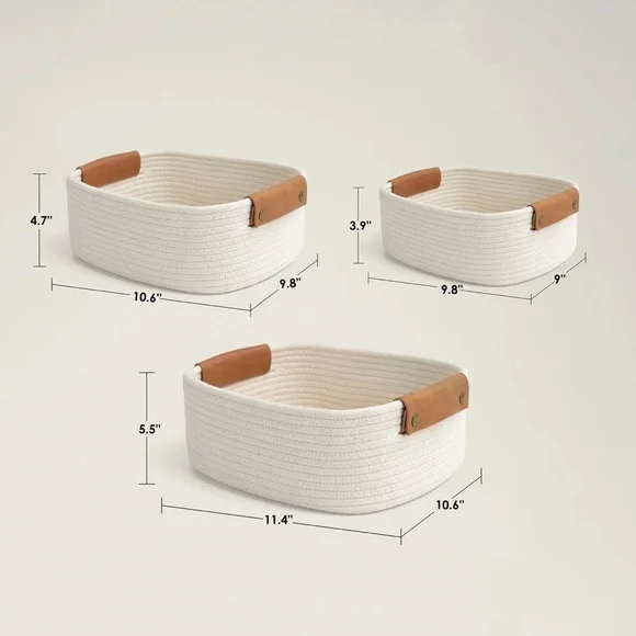Latitude Run® Nesting Rope Decorative Basket (Set of 3) White with Tan Leather - Picture 2 of 4